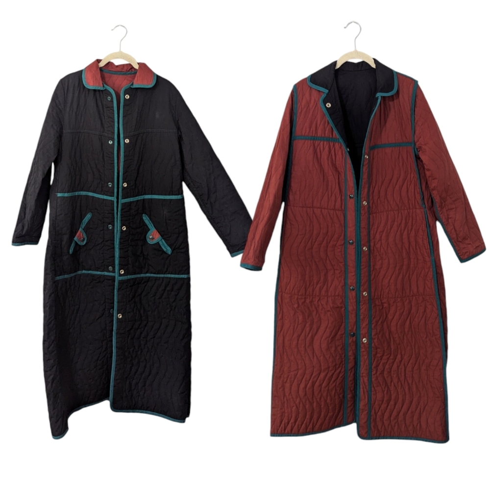 Vintage Jeanne Marc Reversible Quilted Long Peacoat Jacket Black Orange XS